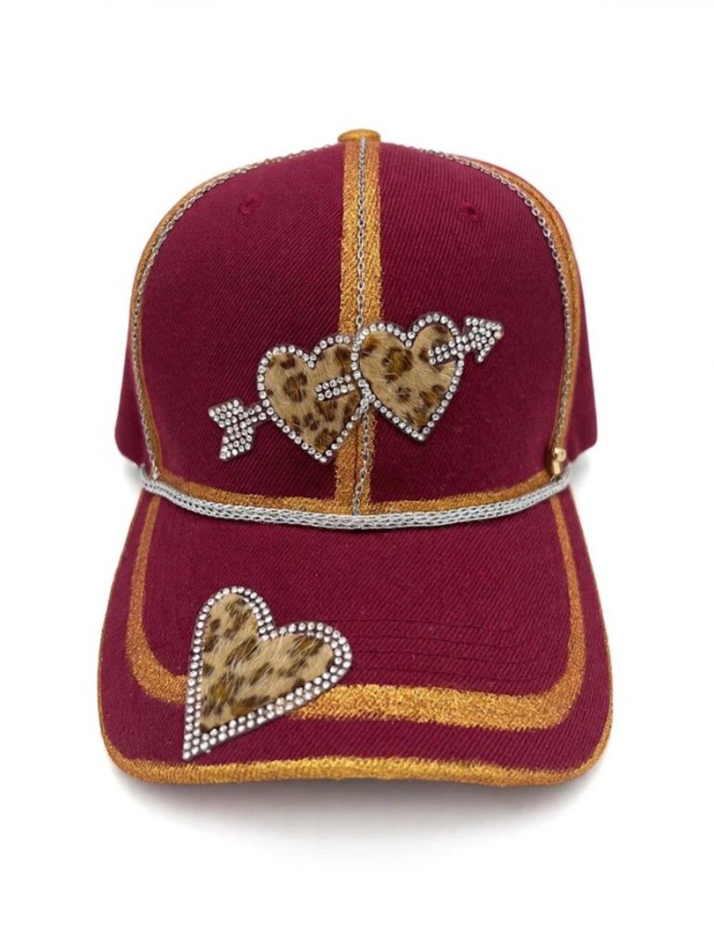 Burgundy Leopard Arrow Heart Cap Rhinestone Boho Trucker Hat NWT